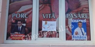 Promovare ciudata pentru Ponta, Udrea si Iohannis pe vitrina unei carmangerii din Gherla