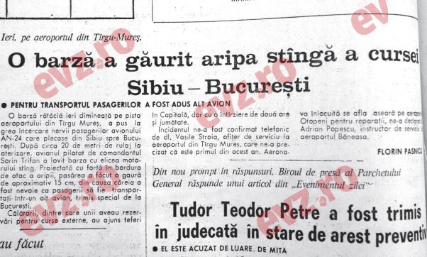 O barza a deturnat avionul Tarom Sibiu-Bucuresti | Memoria EVZ